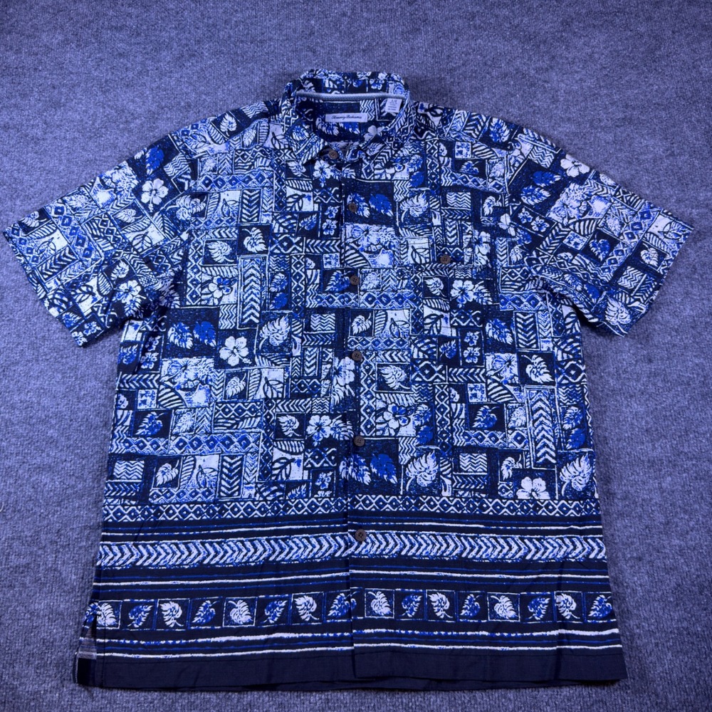 Tommy Bahama Mens Large Silk Blend Blue White Floral Patchwork Aloha Shirt AOP